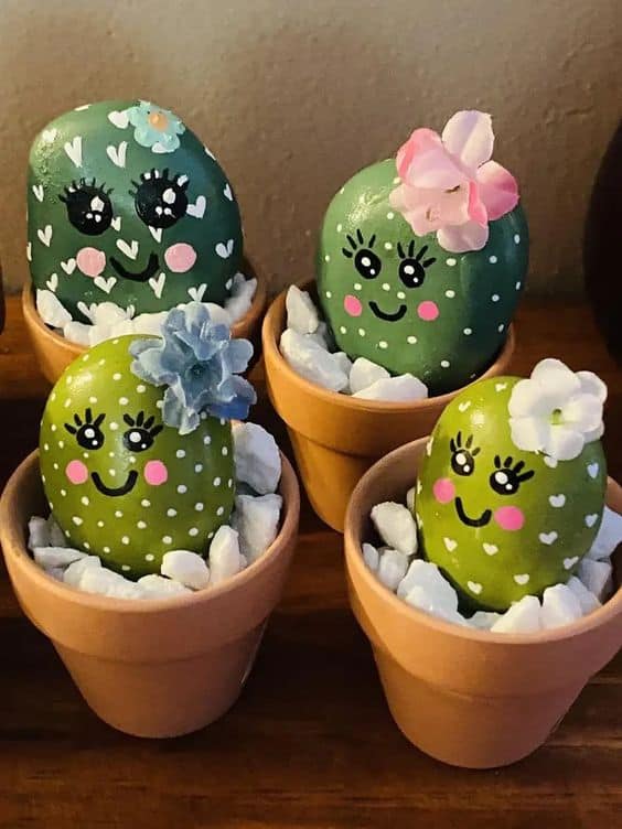 Adorable Painted Cactus Pebble Pots