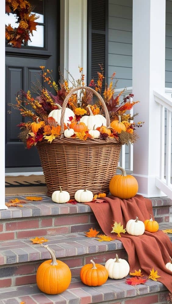 Basket of Pumpkins and Fall Foliage Porch