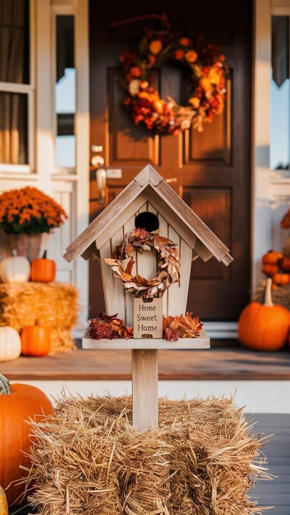 Fall Birdhouse Display with Pumpkins and Hay Bales