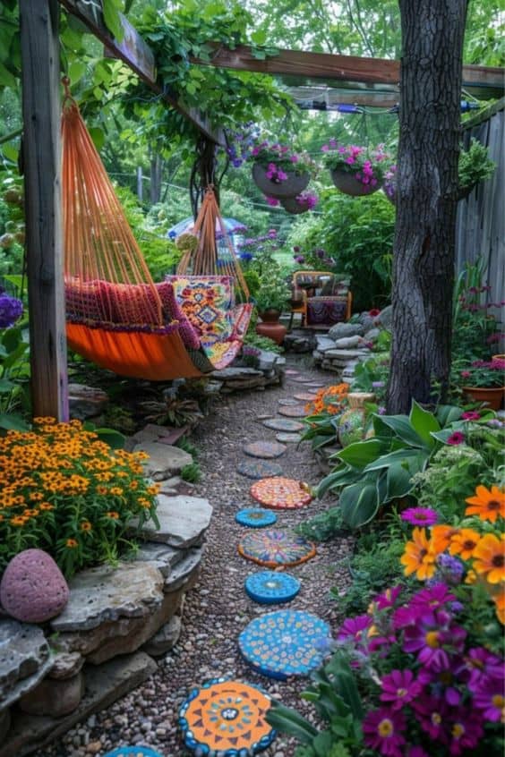 Bohemian Hammock Garden with Mosaic Stone Steps