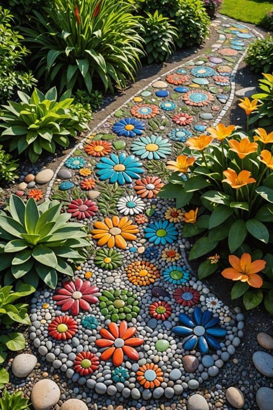 Vibrant Floral Pebble Path