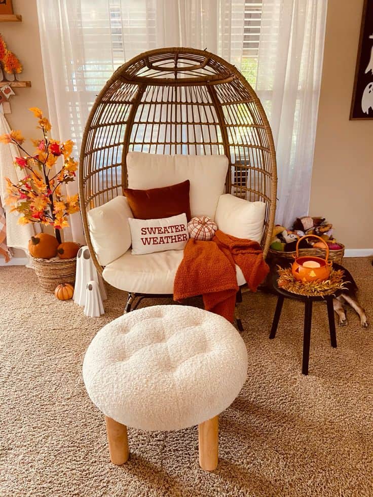 Charming Wicker Cocoon Chair Autumn Reading Nook