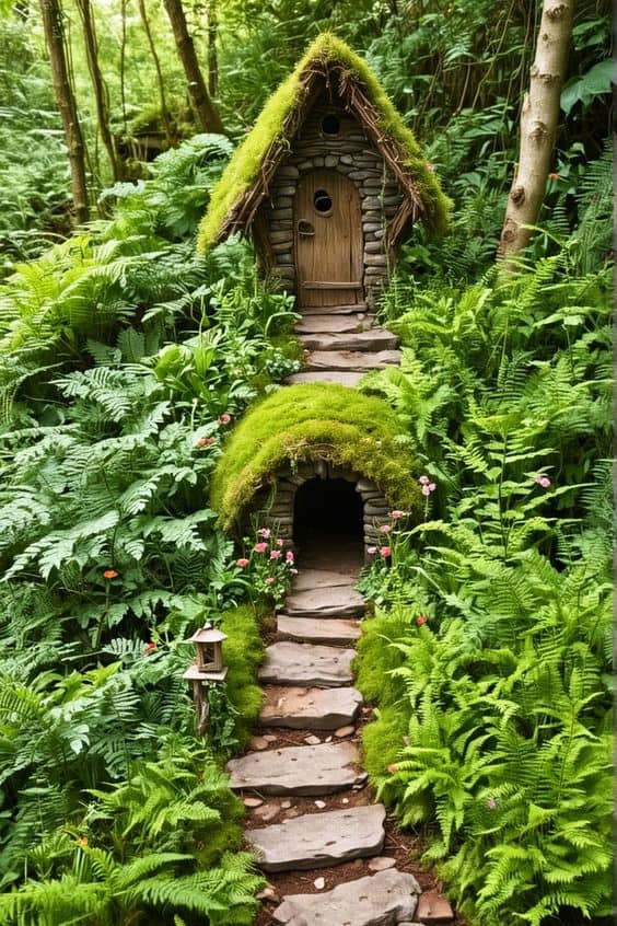 Moss-Covered Stone Fairy Cottage Hidden in a Forest Oasis