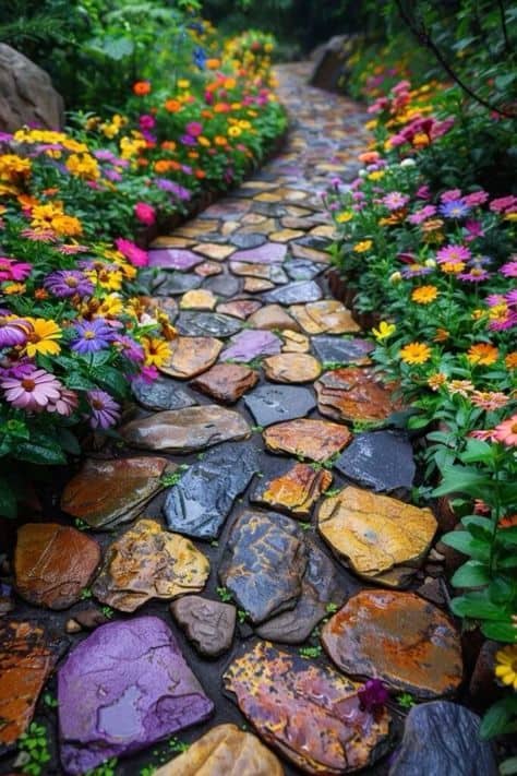 Golden Petal-Lined Stone Walkway