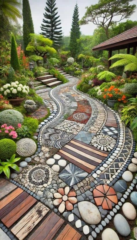 Artistic Curved Mosaic Pathway