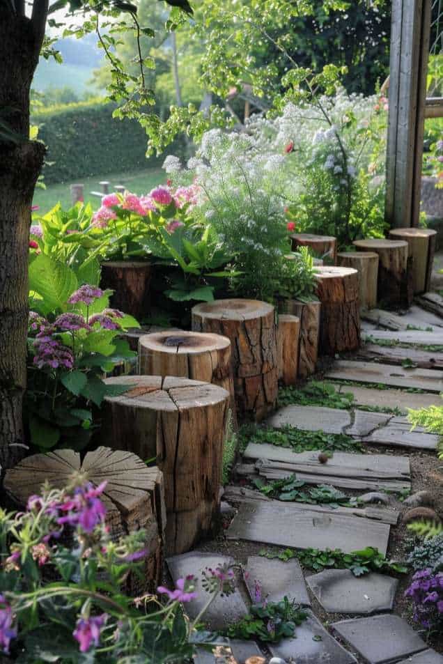 Rustic Tree Trunk Garden Border