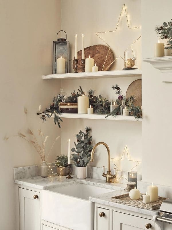 Elegant Candlelit Christmas Shelf Display