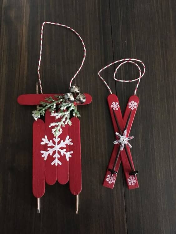 Festive Sleigh and Skis Popsicle Stick Ornaments