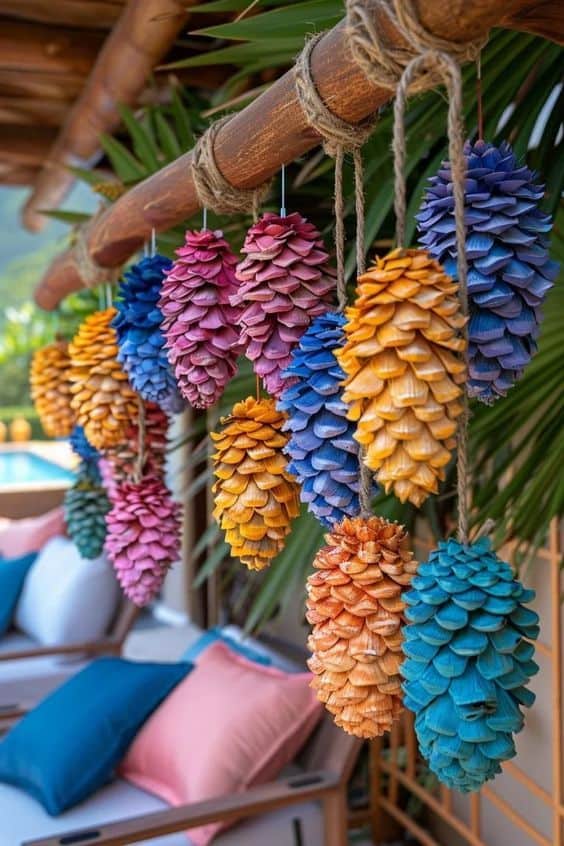 Vibrant Hanging Pinecone Lanterns