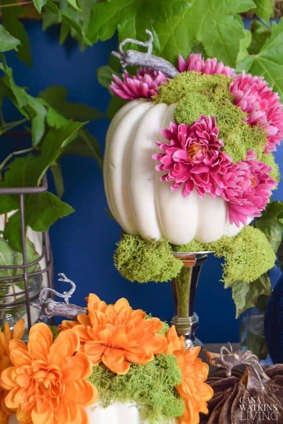 Whimsical Moss and Flower Pumpkin