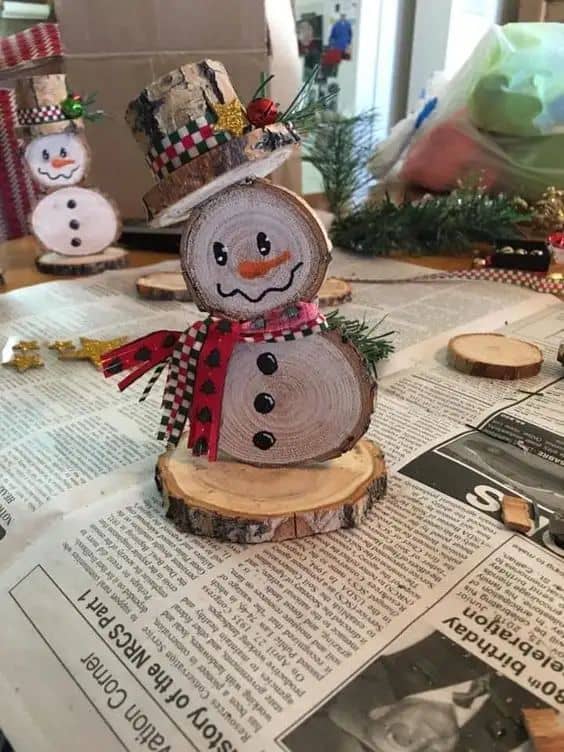 Rustic Wood Slice Snowman