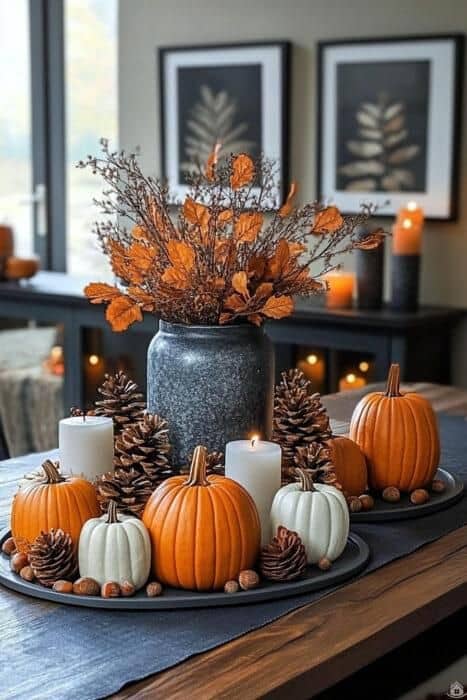 Elegant Fall Pinecone Pumpkin Display