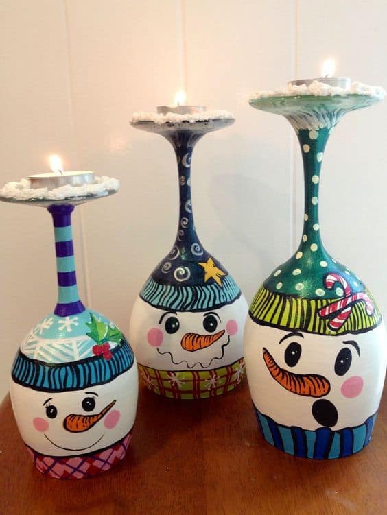 Snowman Wine Glass Candlesticks