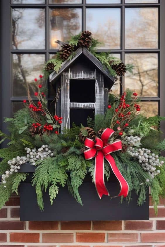 Charming Birdhouse Evergreen Christmas Window Box