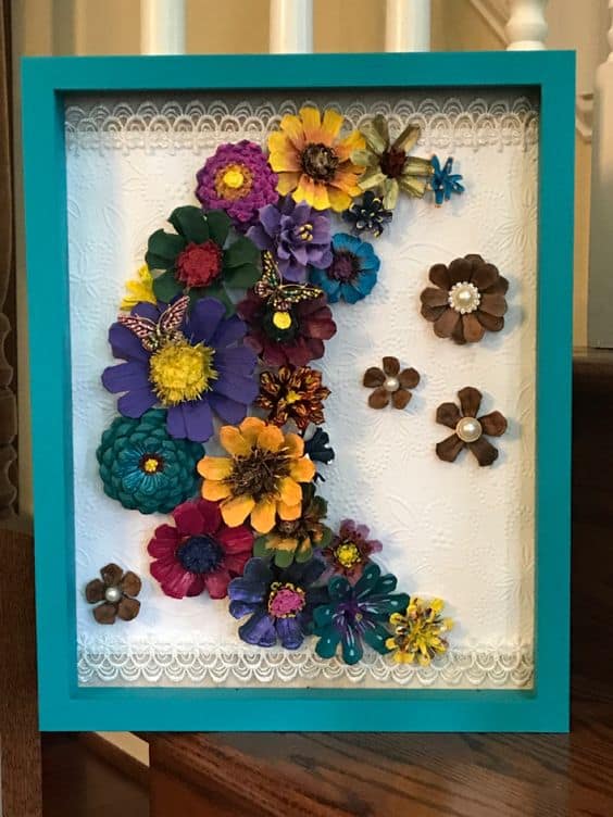 Colorful Pinecone Flower Shadow Box