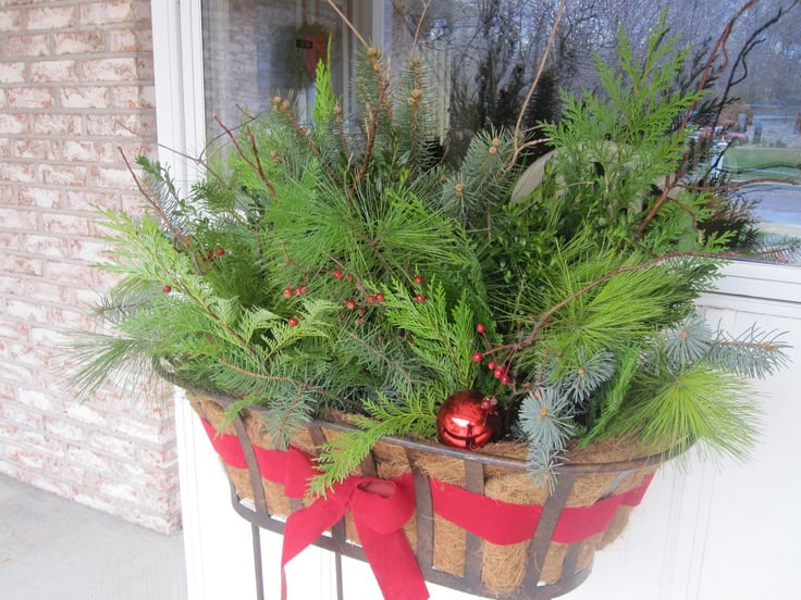 Rustic Red Ribbon Evergreen Christmas Window Box