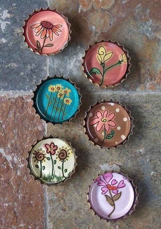 Hand-Painted Bottle Cap Flower Magnets