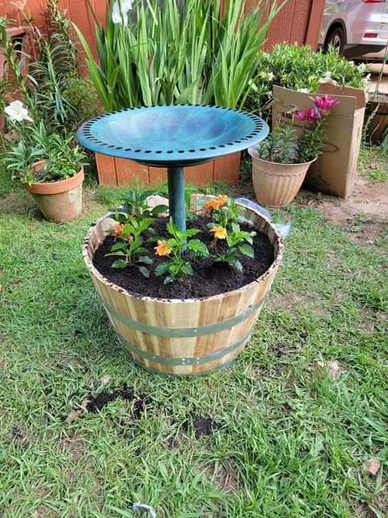 Barrel Planter with Bird Bath Feature