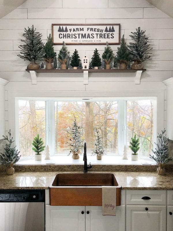 Farmhouse Mini Christmas Trees Window Display