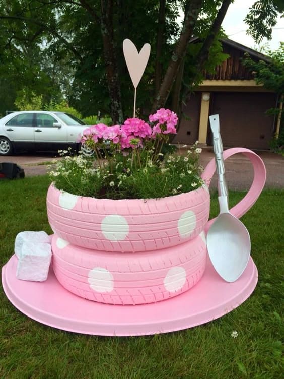 Polka Dot Tire Teacup Raised Garden Bed