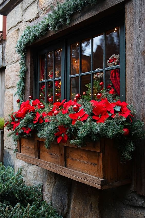 Classic Poinsettia Red Christmas Window Box