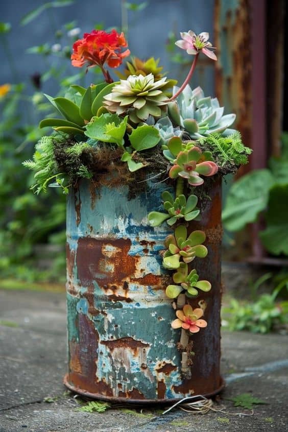 Rustic Barrel Succulent Bed