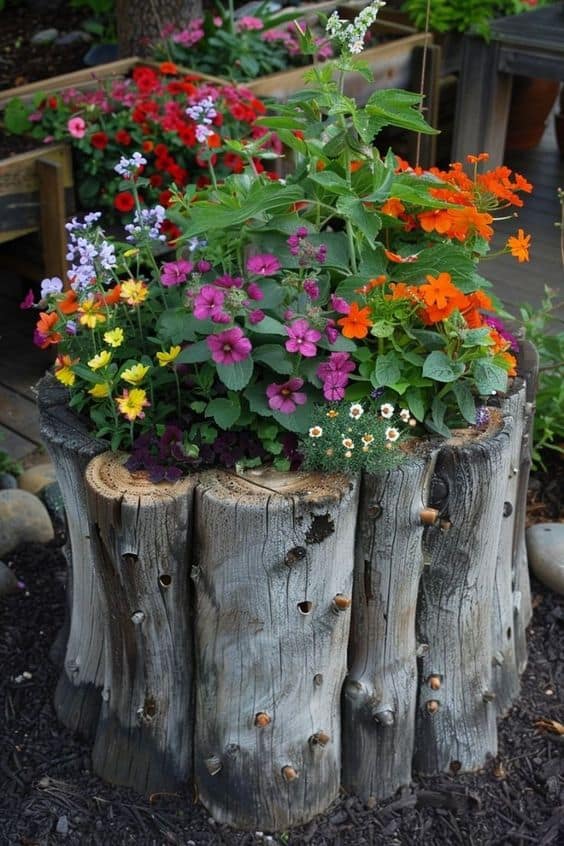 Rustic Log Flower Planter