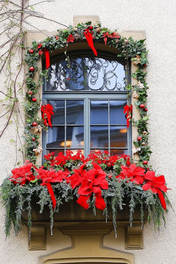 Vibrant Poinsettia Red Christmas Window Box