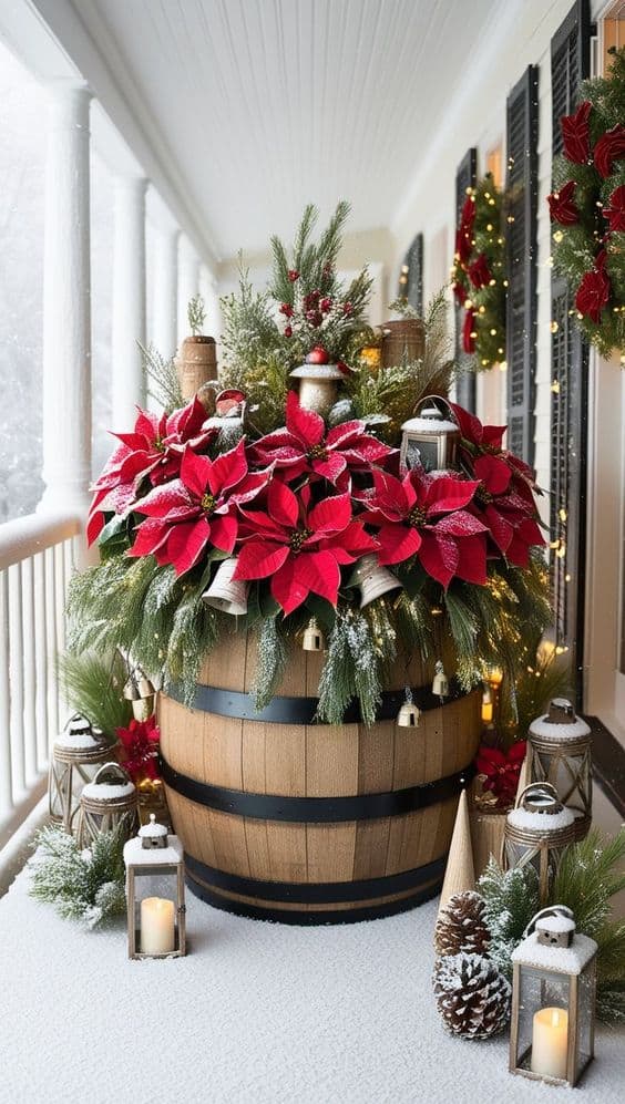 Rustic Poinsettia Barrel Display