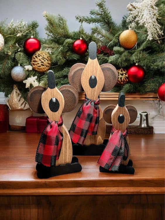 Plaid-Wrapped Wooden Reindeer