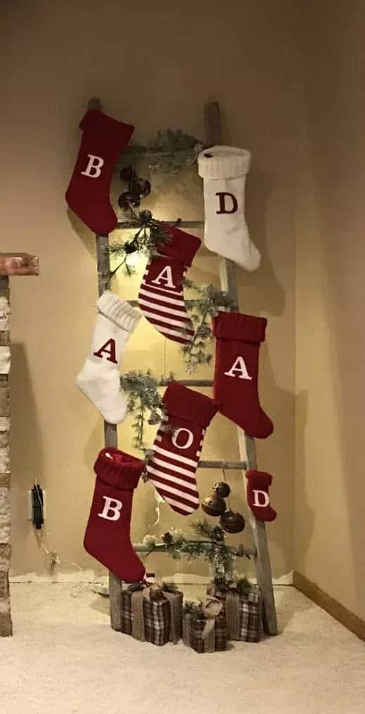 Rustic Ladder Stocking Display