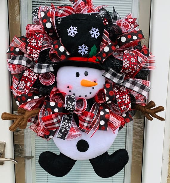 Whimsical Plaid Ribbon Snowman Wreath