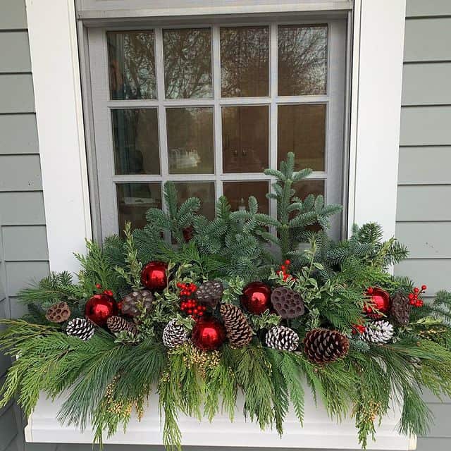 Rustic Pinecone and Red Ornament Christmas Window Box