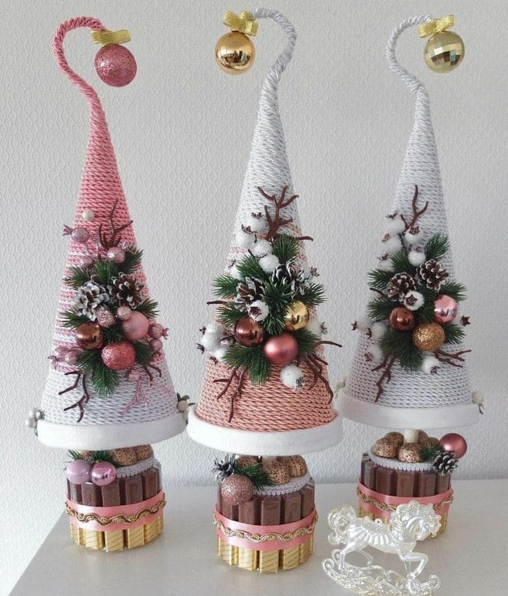 Cozy Yarn-Wrapped Christmas Cones