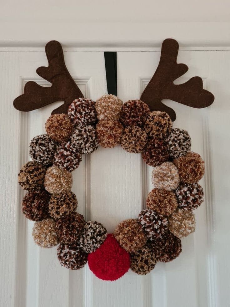 Festive Pom-Pom Reindeer Wreath