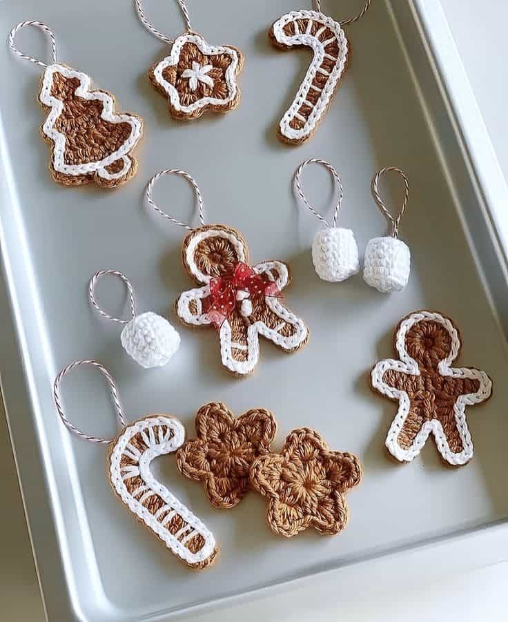 Gingerbread and Snowball Yarn Ornaments