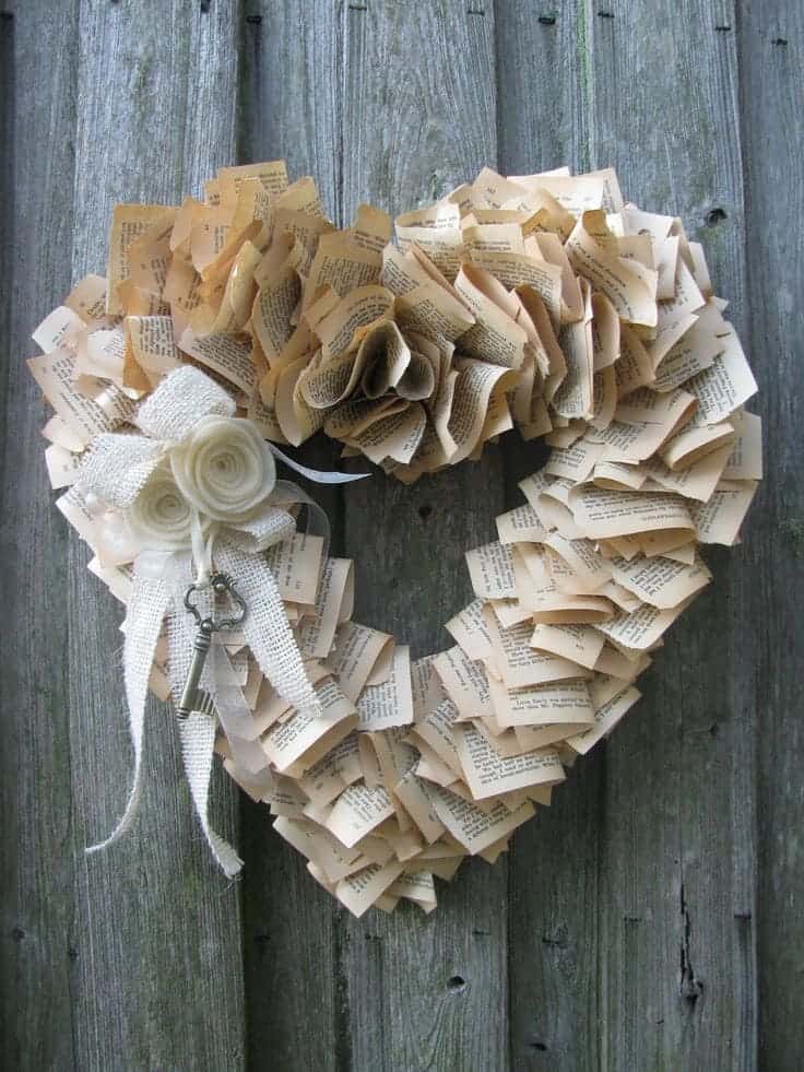 Romantic Vintage Book Page Heart Wreath