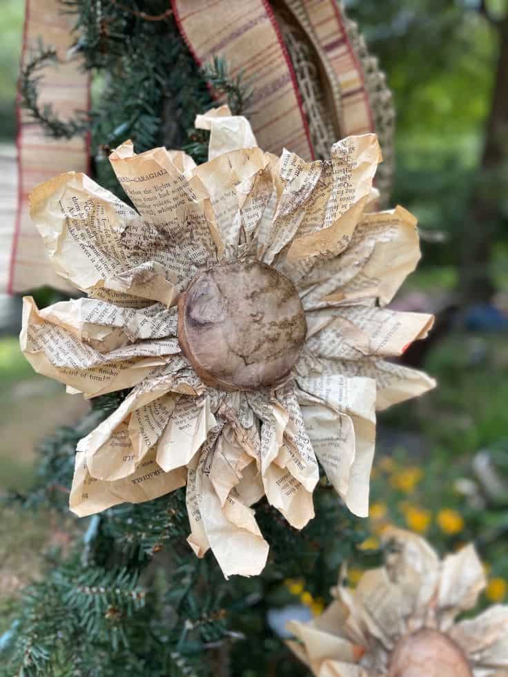 Rustic Book Page Sunflower Decor