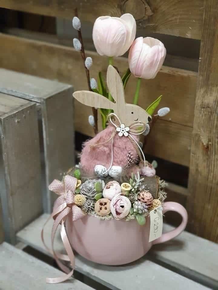 Rustic Easter Bunny Floral Teacup Display