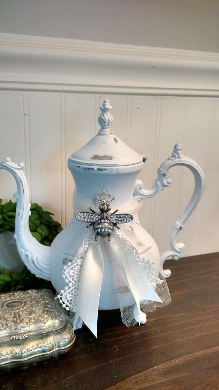 Vintage Lace-Adorned Shabby Chic Teapot Decor