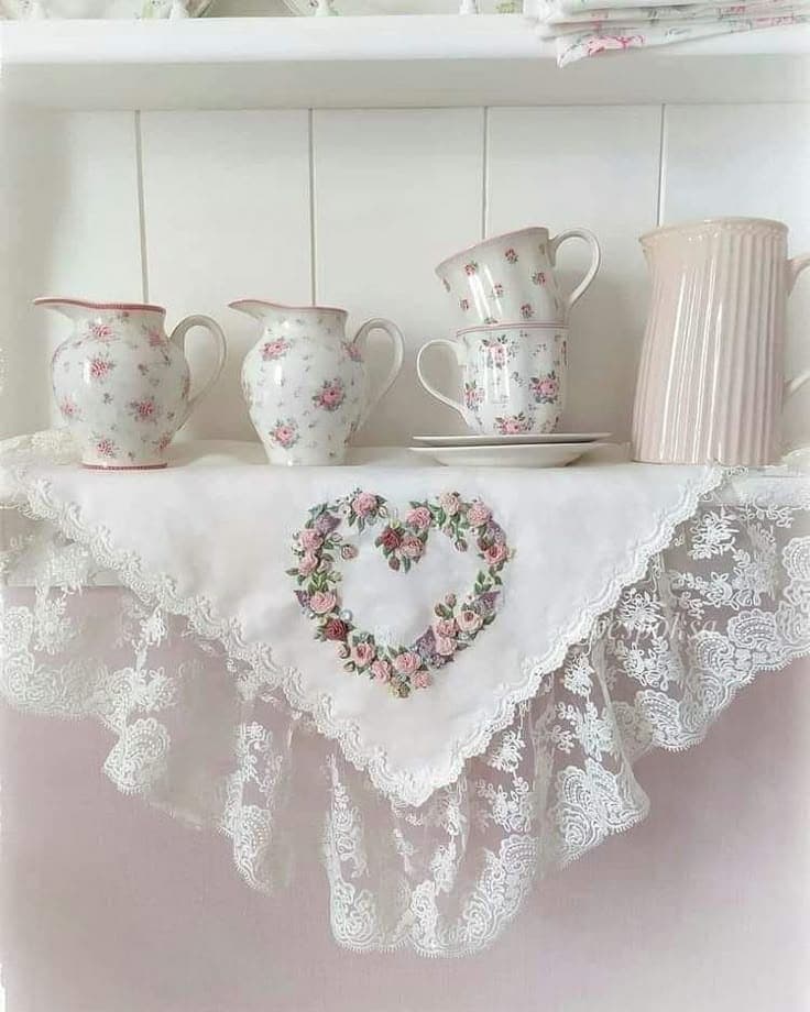 Vintage Lace Tablecloth with Embroidered Charm