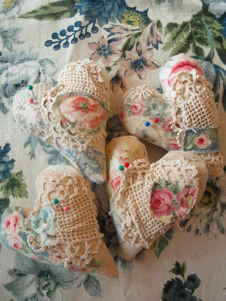 Vintage Lace and Fabric Heart Pincushions