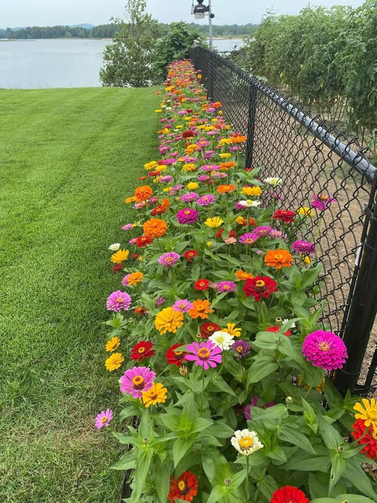 Colorful Zinnia Border Along the Fence