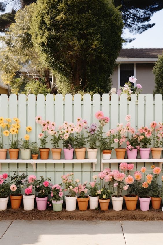 Potted Flower Display Against a Fence