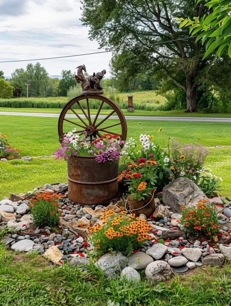 Rustic Barrel and Wagon Wheel Garden