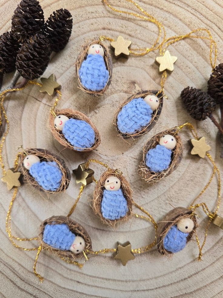 Baby Jesus Garland in Walnut Shell Cradles