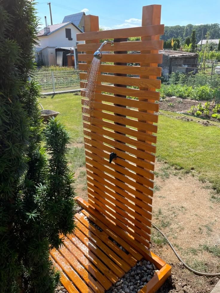 Backyard Spa Vibes with a Simple Wooden Slat Shower