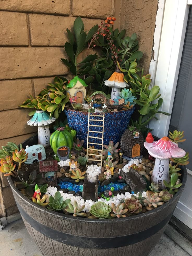 Barrel-Top Fairy Village With Sparkling Stream