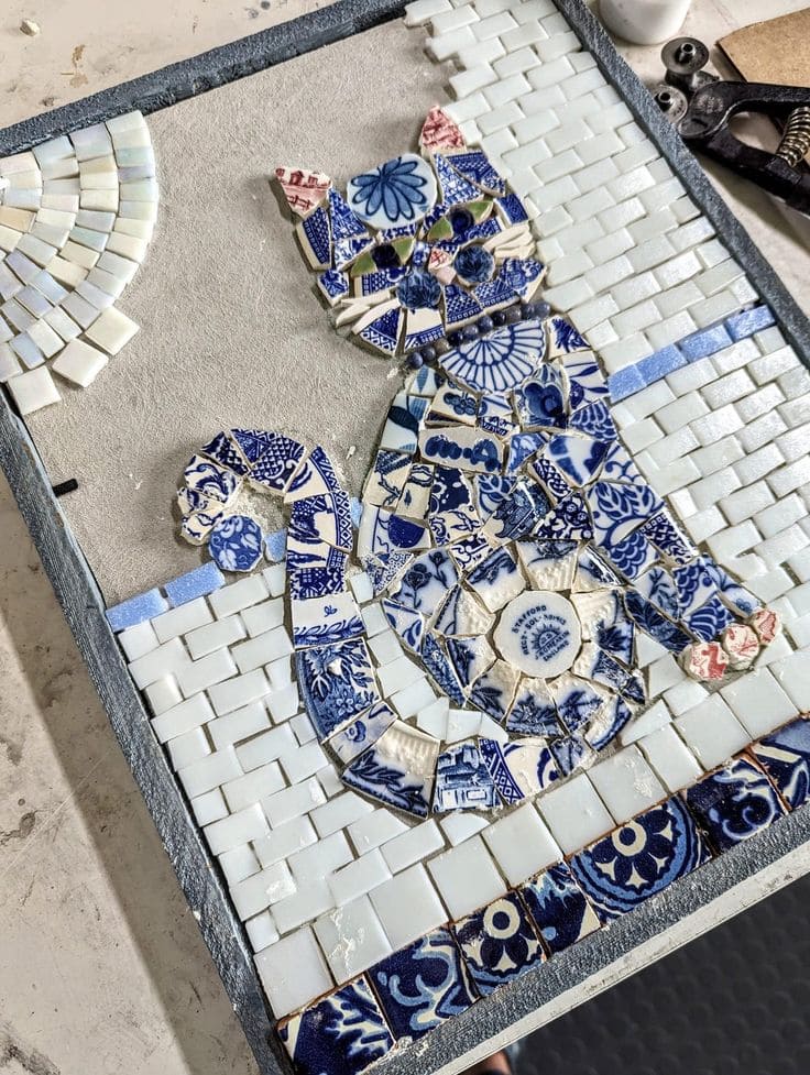 Blue China Mosaic Cat Wall Art