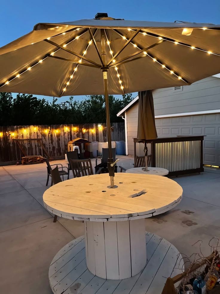 Cable Spool Patio Dining Table with Umbrella